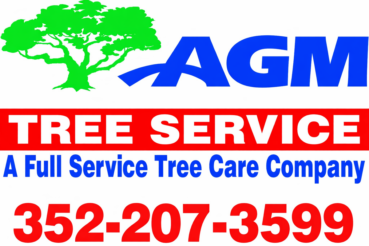 AGM Tree Service logo with tree, tagline, and phone number 352-207-3599.