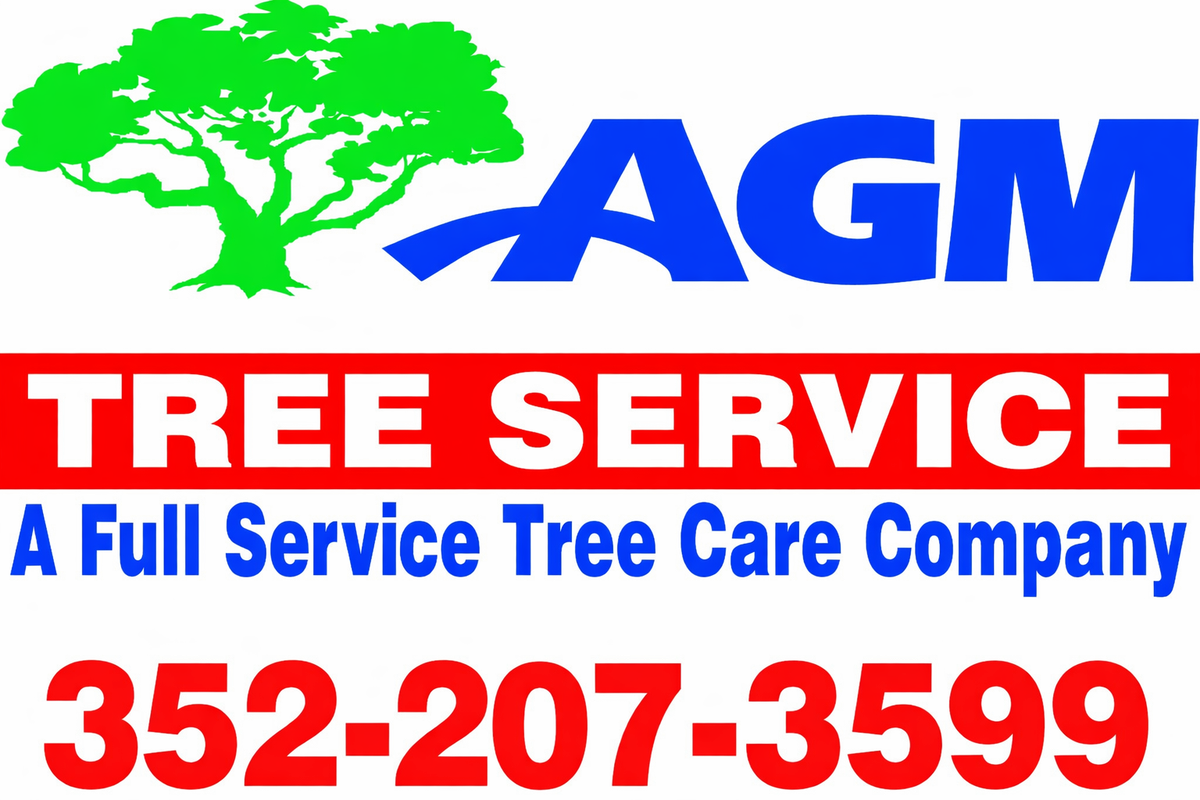 AGM Tree Service logo with tree, tagline, and phone number 352-207-3599.